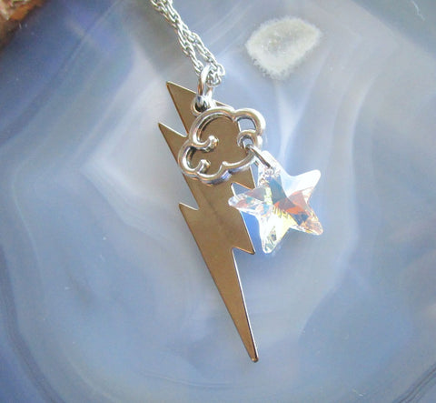 Crystal Aurora Borealis Star Lightning Bolt Pendant Necklace