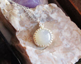 Natural Ivory Moonstone Sterling Silver Crown Pendant Necklace