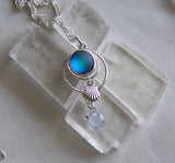 Frosted Blue Mermaid Glass Silver Shell Pendant Necklace