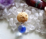 Netsuke Cat Carved Bead with Blue Cat's Eye Marble Pendant Necklace